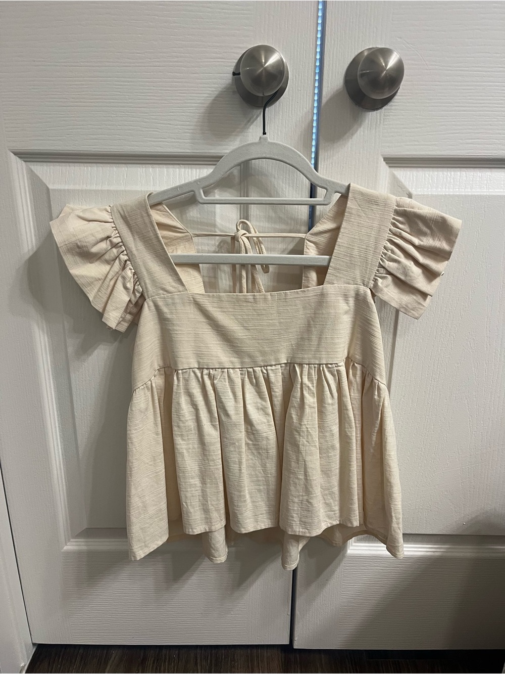 Cream Ruffle-Sleeve Square Neck Peplum Top
